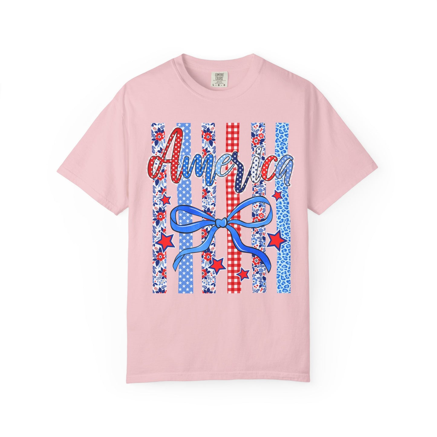 America Patriotic T-Shirt — Red White Blue Stripes & Bow Graphic