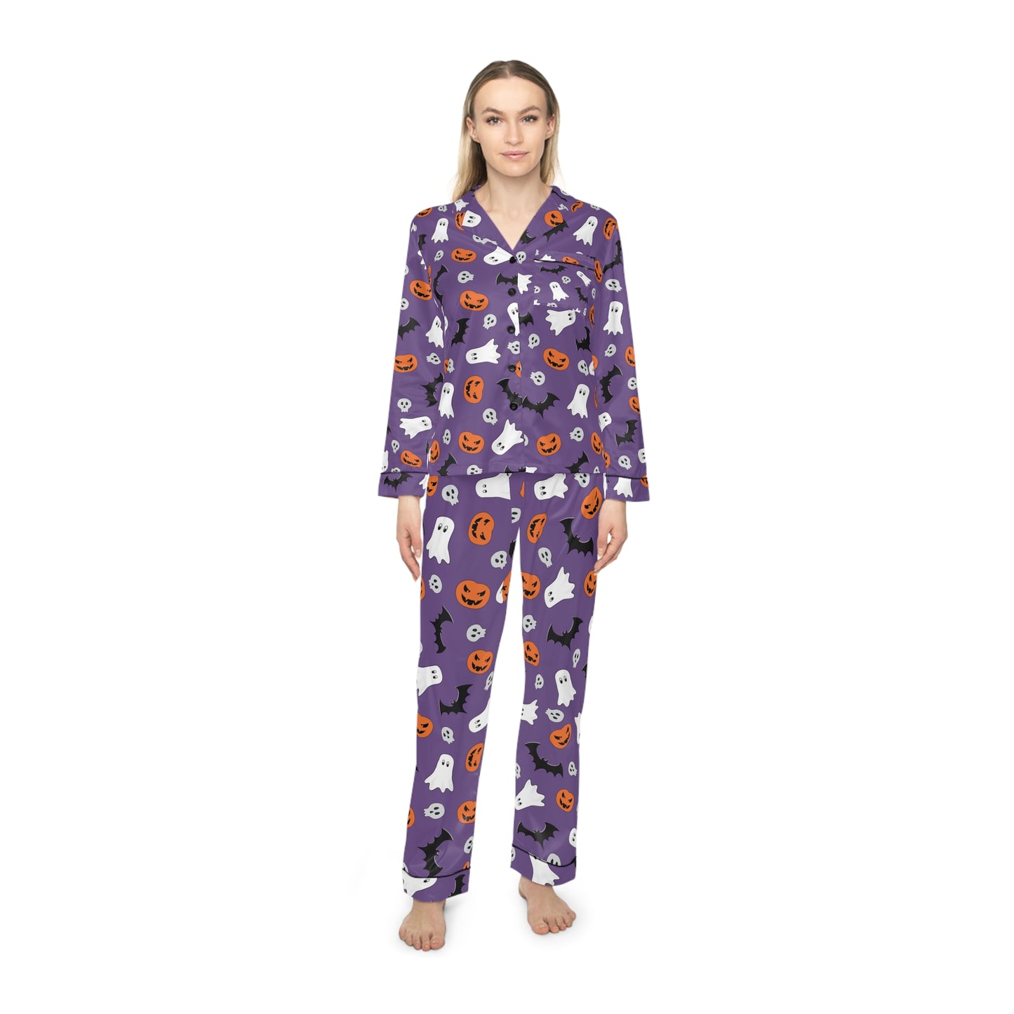 Women's Satin Halloween Pajama Set - Purple Ghost & Pumpkin Print