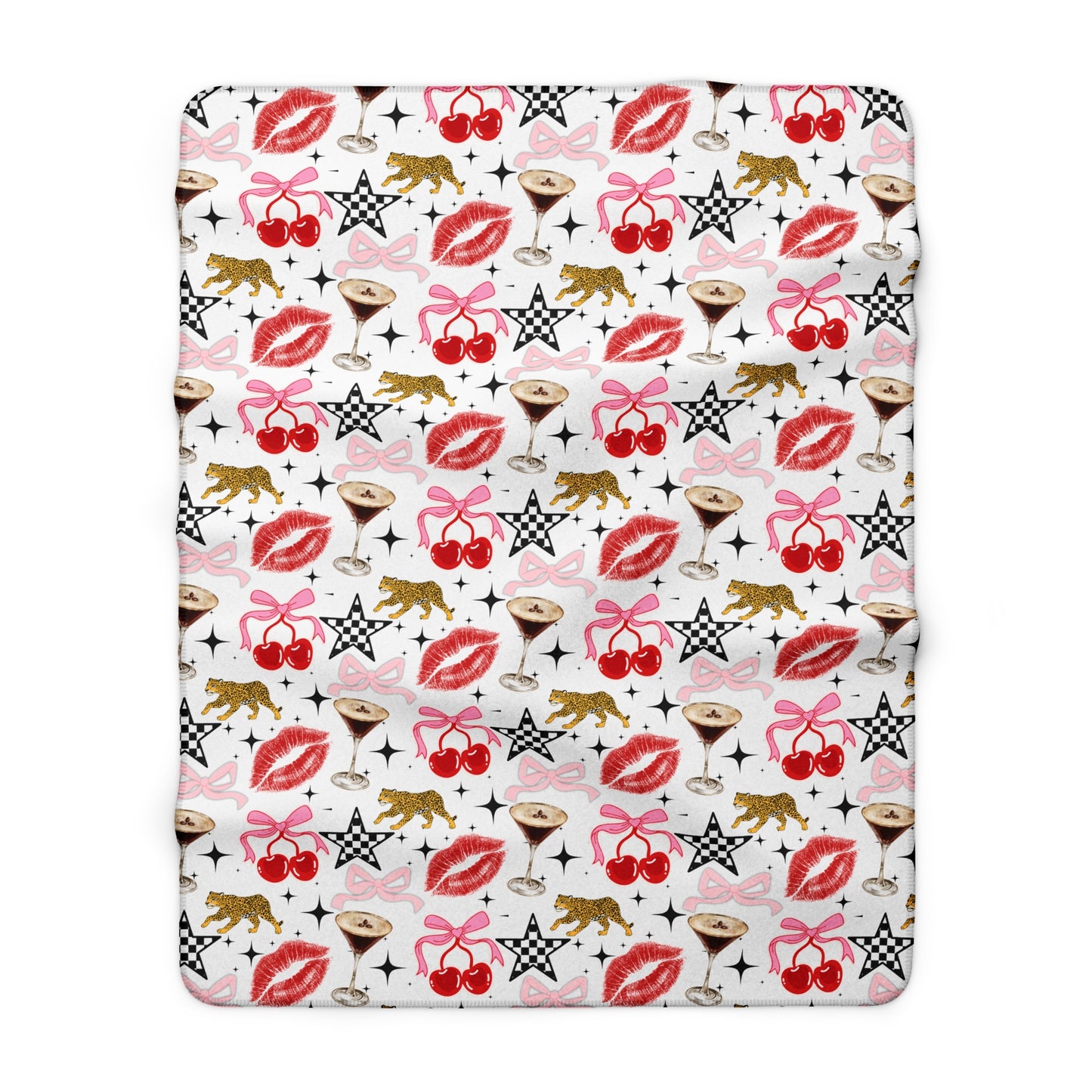 Sherpa Throw Blanket — Retro Lipstick, Cherries & Cocktail Pattern Cozy Fleece