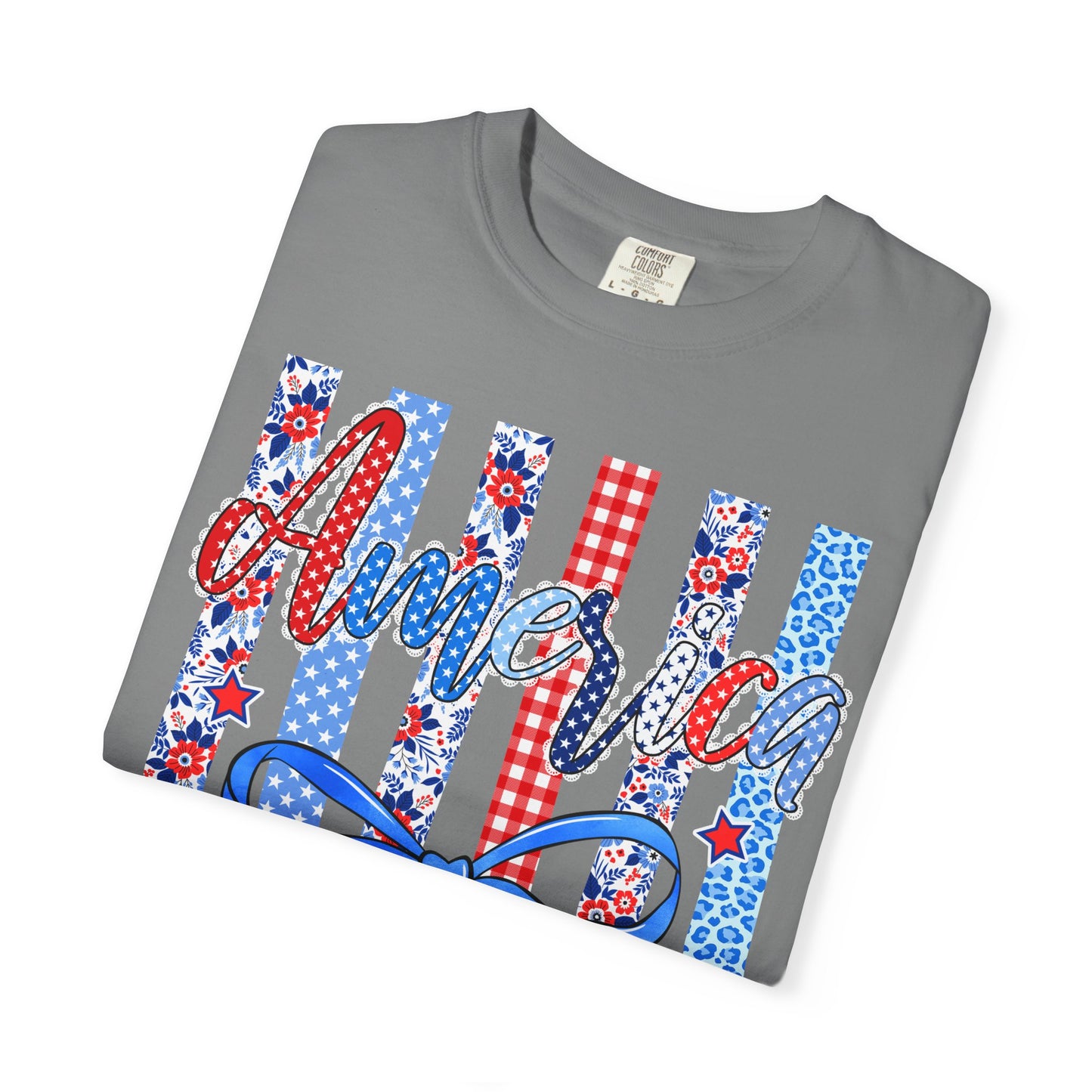 America Patriotic T-Shirt — Red White Blue Stripes & Bow Graphic