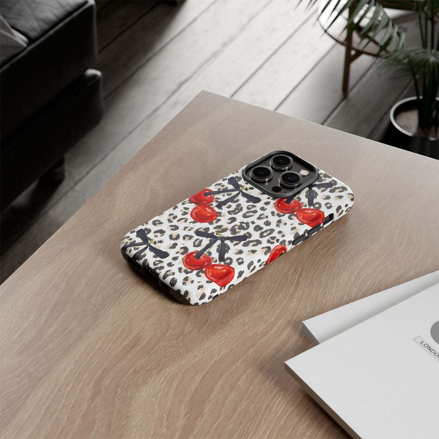 Cherry Leopard Phone Case — Retro Red Cherries on Animal Print Protective Case