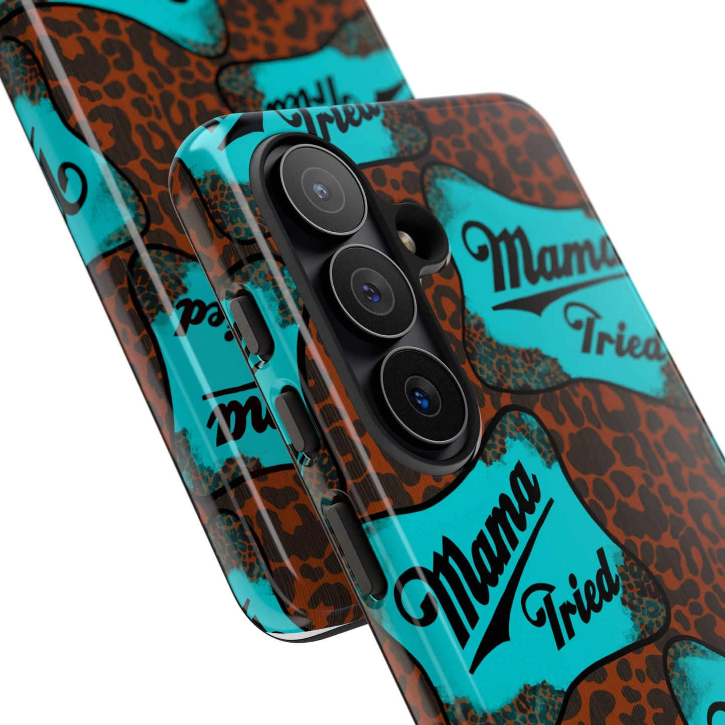 Mama Tried Leopard Print Phone Case — Turquoise Retro Patch Design